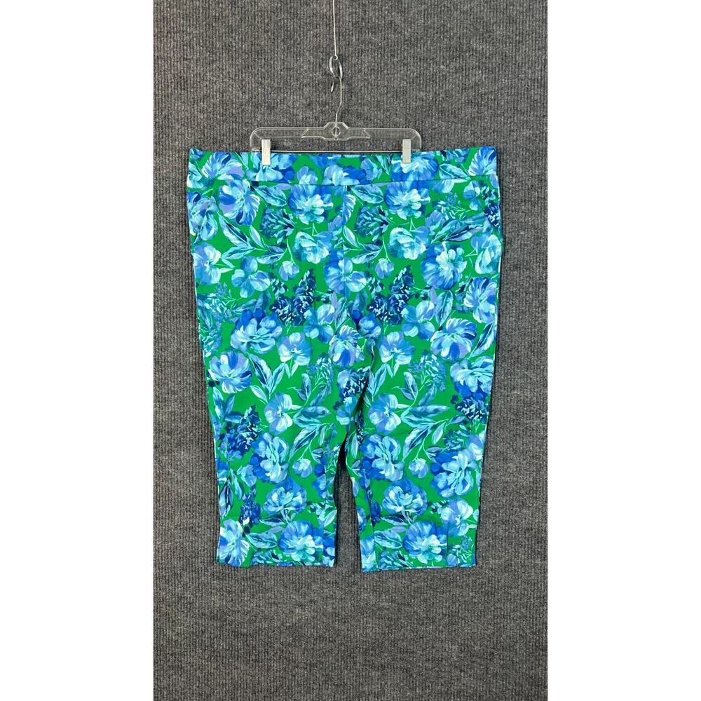 Belle Kim Gravel Capri Pants Womens 3X Tall Green Blue Floral Preppy Pockets - Picture 2 of 12